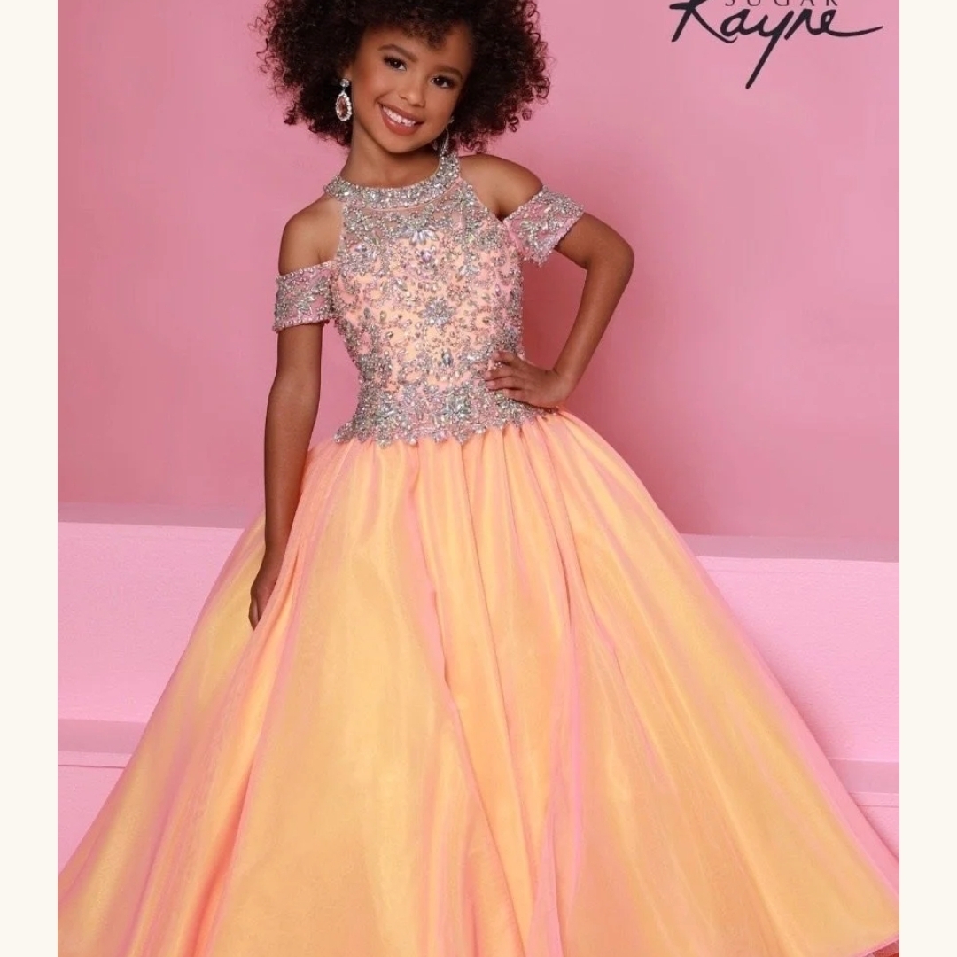 Girls' Pink Peach Embellished Cold-Shoulder Ball Gown